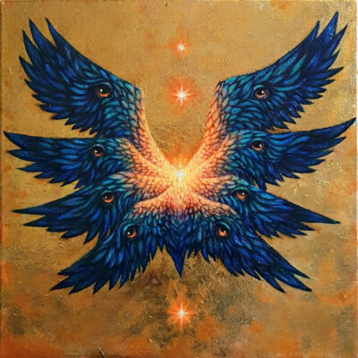 Tableau Original Trône Ange Séraphin 50x50 cm – Peinture Acrylique, Feuille d'Or & Réactif UV – Art Visionnaire & Esotérique