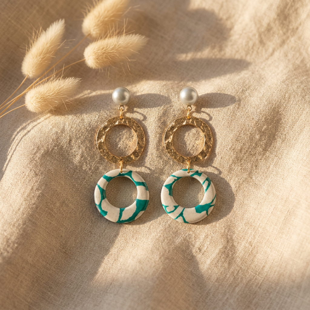 Boucles d'oreilles doubles cercles fait main Nāca — papier lokta vert émeraude & blanc