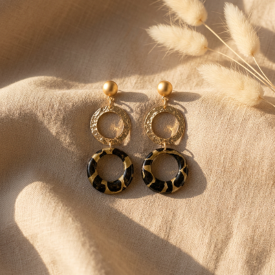 Boucles d'oreilles doubles cercles — Vert Kaki & Doré