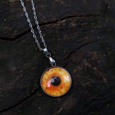 Ce pendentif unique met en valeur un œil captivant aux nuances ambrées, noisette et marron, protégé sous un cabochon en verre brillant qui reflète la lumière avec intensité. Inspiré de la symbolique de l'œil protecteur, ce bijou artisanal combine mystère, élégance sombre et touche fantastique.