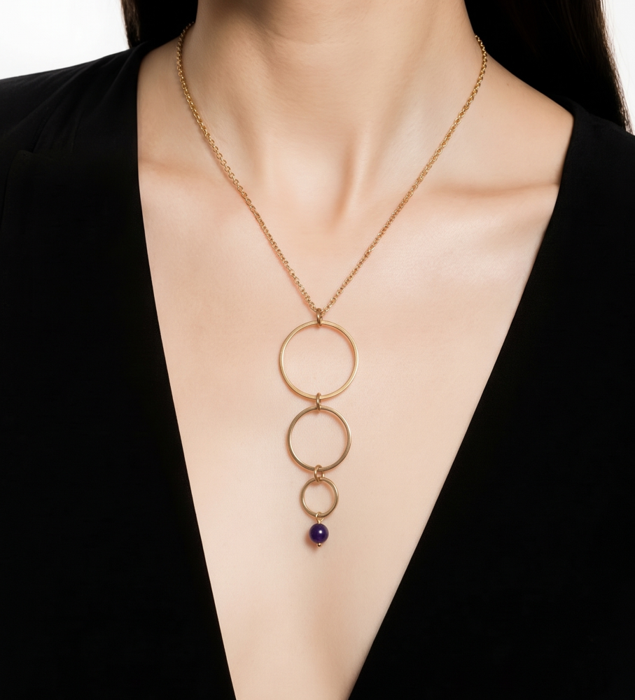 Collier cascade avec 3 anneaux en acier inoxydable doré et une pierre naturelle au choix