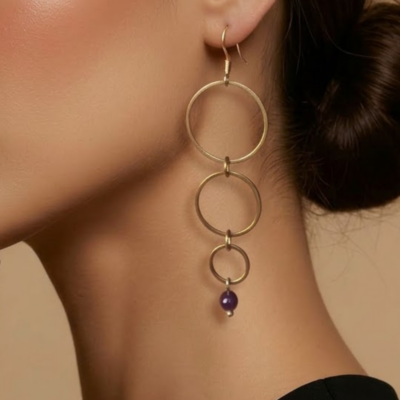 Boucles d'oreilles cascade avec 3 anneaux en acier inoxydable doré et leur pierre naturelle au choix