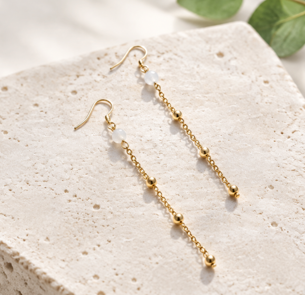 Boucles d'oreilles avec pierre naturelle au choix et chaine billes en acier inoxydable dorée