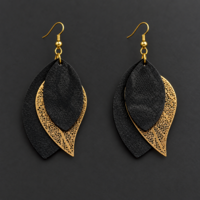 Boucles d’oreilles artisanales en cuir noir et estampes dorées – Élégance et raffinement