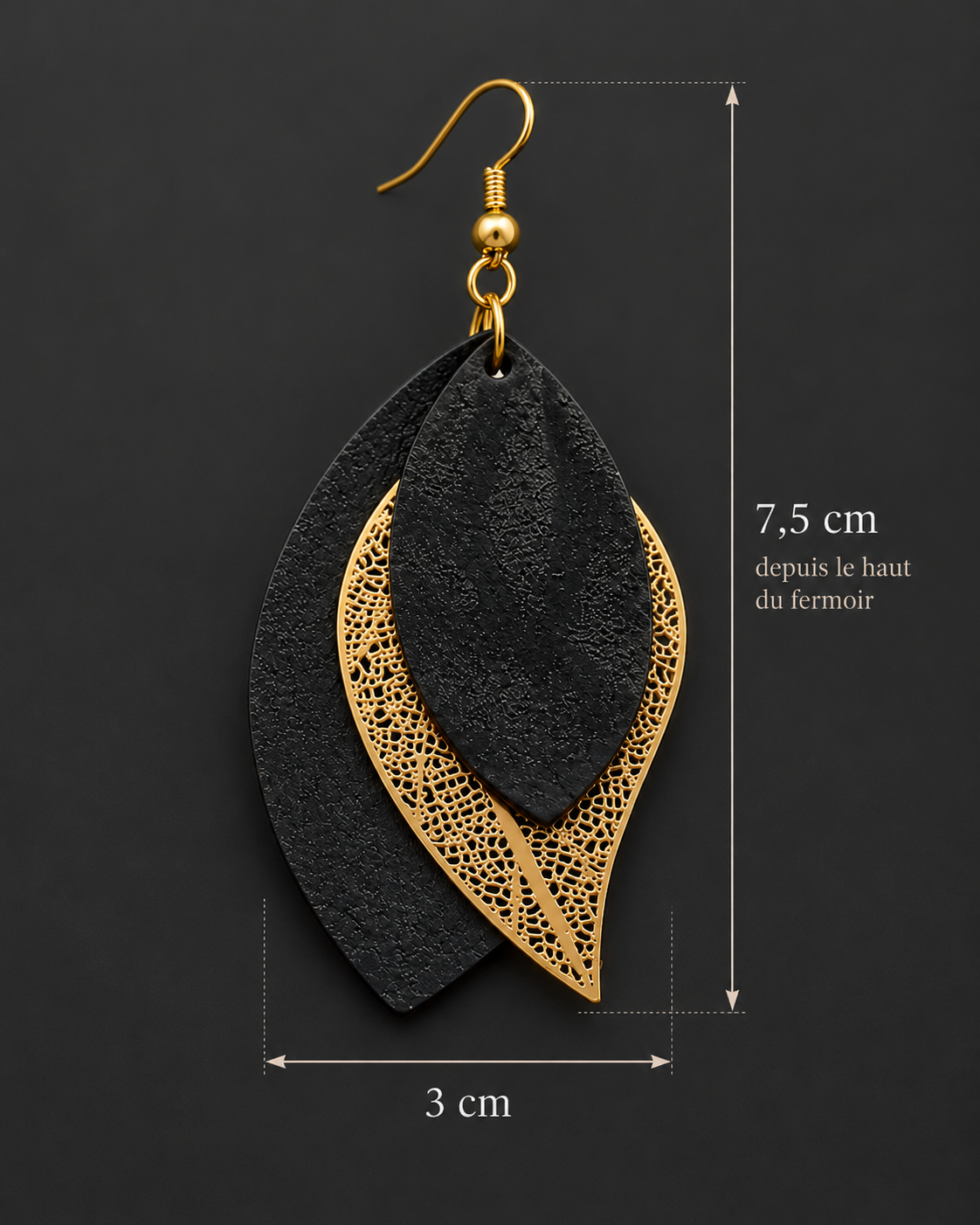 Boucles d’oreilles artisanales en cuir noir et estampes dorées – Élégance et raffinement – Image 2