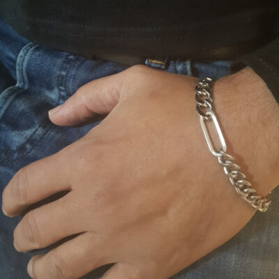 Bracelet homme asymétrique double maille gourmette-figaro argenté acier inoxydable