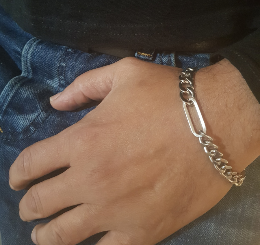 Bracelet homme asymétrique double maille gourmette-figaro argenté acier inoxydable