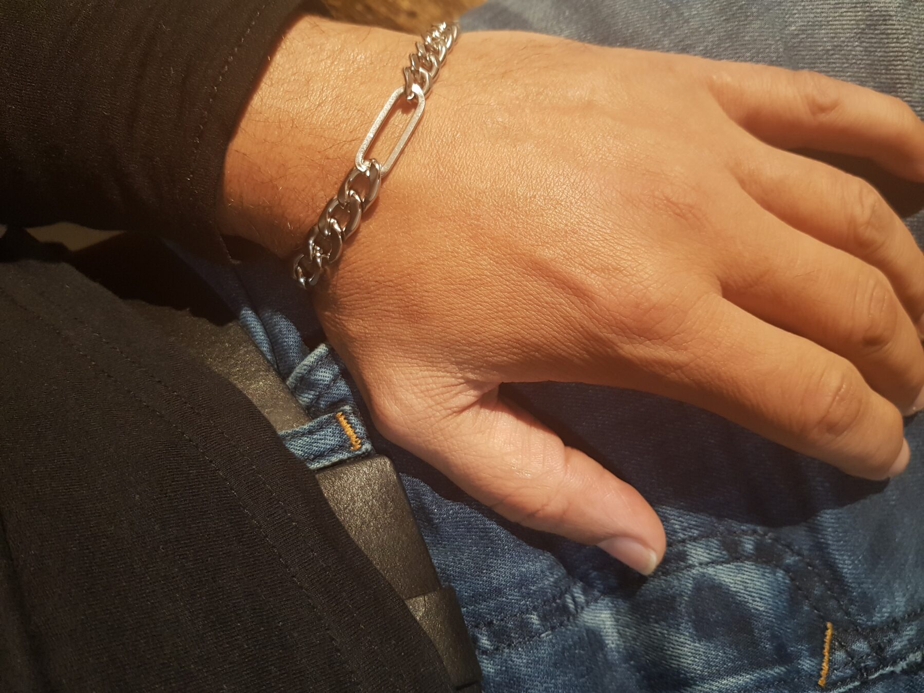 Bracelet homme asymétrique double maille gourmette-figaro argenté acier inoxydable