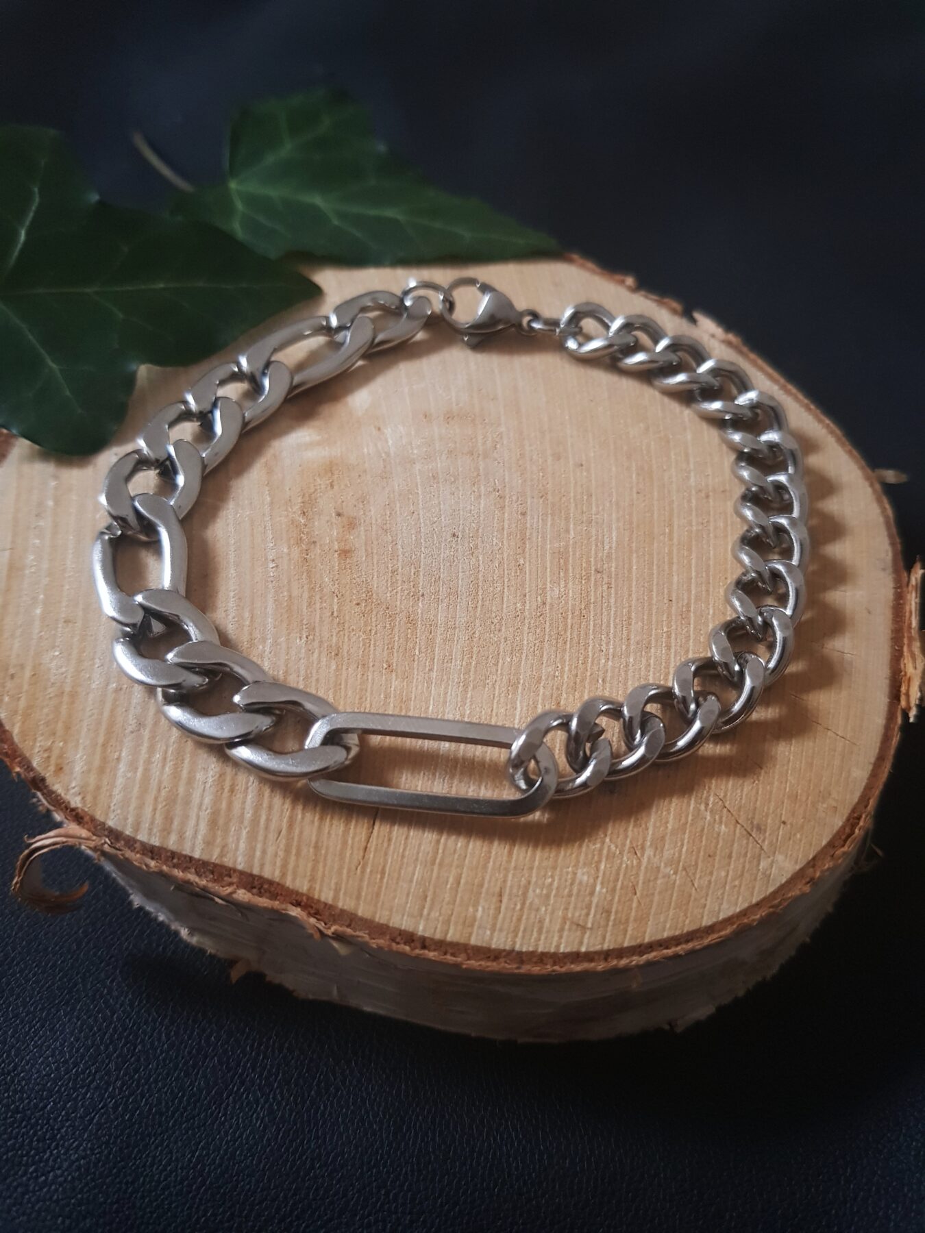 Bracelet homme asymétrique double maille gourmette-figaro argenté acier inoxydable