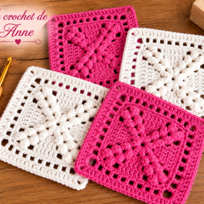 TUTO CROCHET –Motif Carré Granny Grand-Mère, Motif carré en croix, Photos à chaque rang, Facile à réaliser avec schéma !
