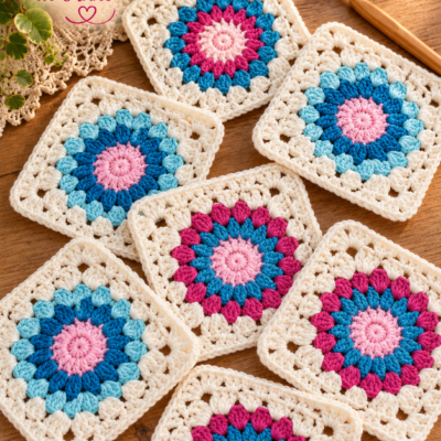TUTO CROCHET – Motif Carré Grand-Mère, Motif carré style Bohème, Photos à chaque rang, Facile à réaliser avec schéma !