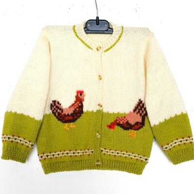 Gilet enfant avec des poules, tricot main , taille 2 ans