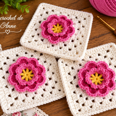 TUTO CROCHET : Motif fleur 3D, Carré Granny Grand-Mère, Photos chaque rang, Facile à réaliser avec schéma !