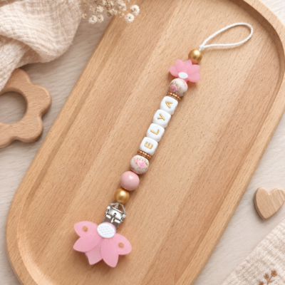 attache tétine fleur lotus rose