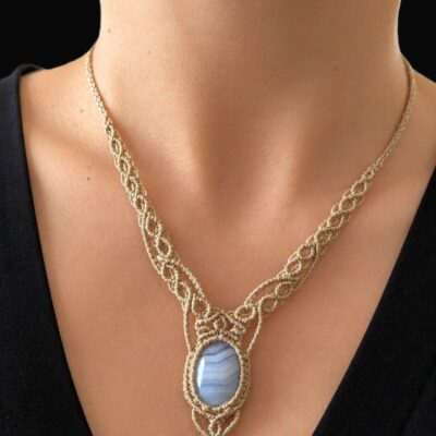 Collier Macramé Beige Agate Blue lace/ Bijou unique créateur
