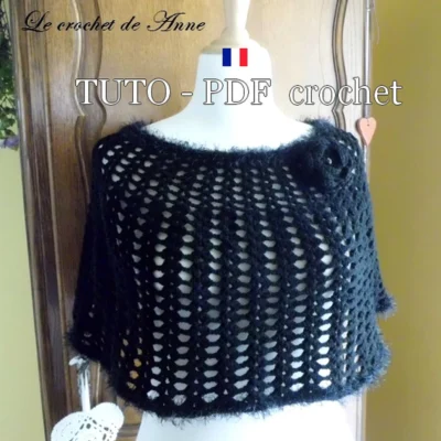 TUTO CROCHET – Poncho noir orné d'un joli point fantaisie , de bordures fourrures et d'une fleur , facile à réaliser !